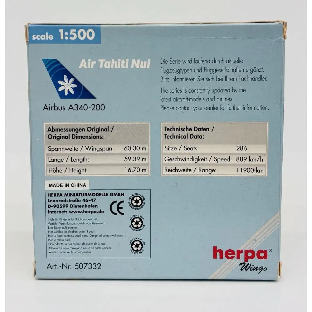 Herpa Wings 1:500 Air Tahiti Nui Airbus A340-200 Diecast 507332 New